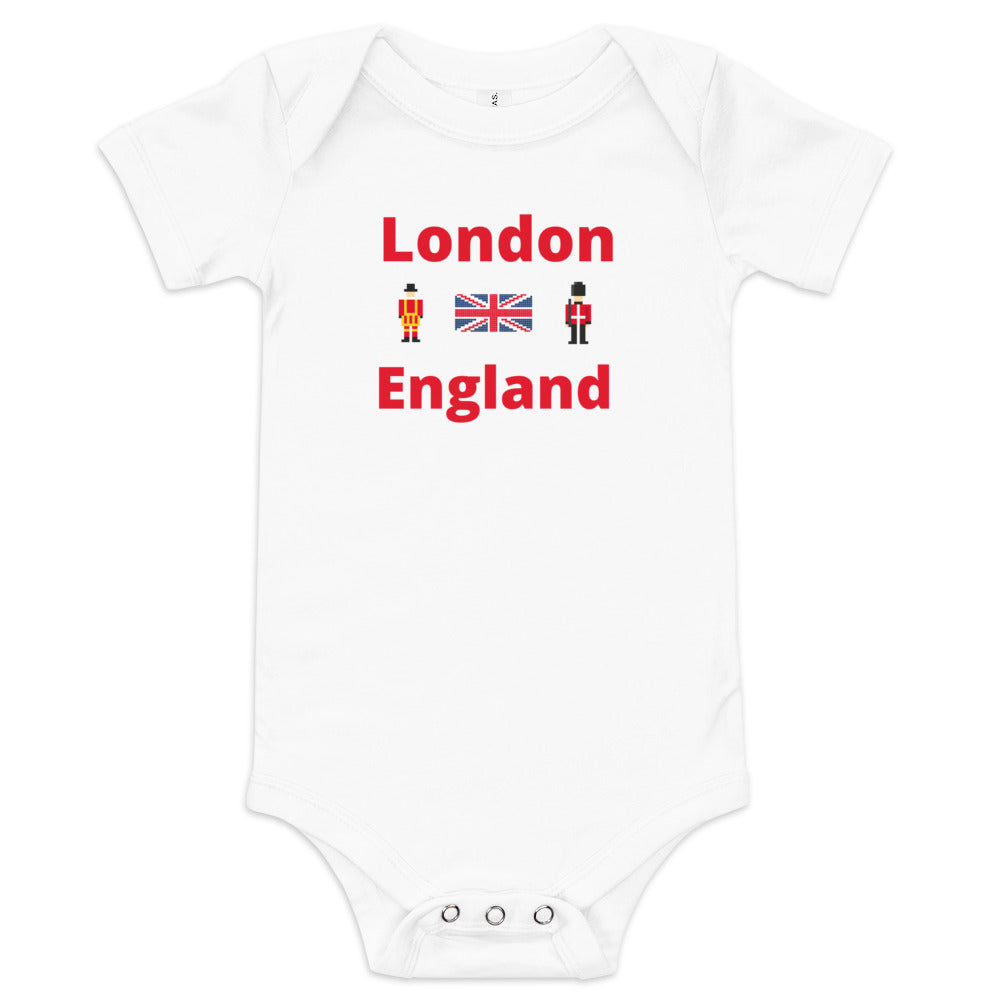 London England With Royal Guard, Union Jack flag and Beefeater - Baby short sleeve one piece